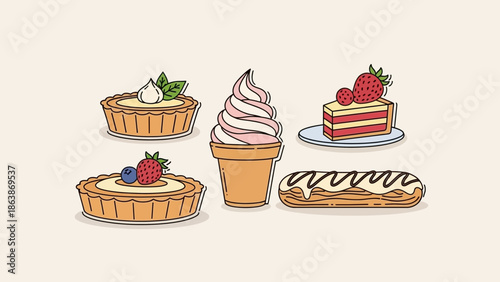 Assorted pastries and desserts including tarts, cream puffs, cakes, pies, and an ice cream cone on a light background.