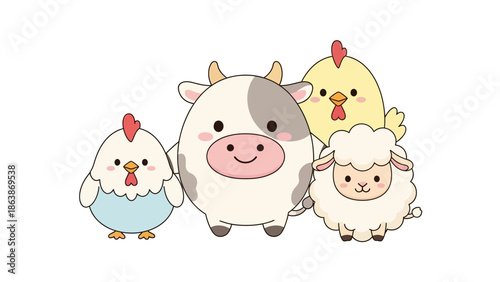 Group of Cute Farm Animals: Pig, Chickens, and Roosters in Cartoon Style.
