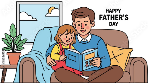 Father and child reading together on a cozy couch with a Happy Father's Day message.