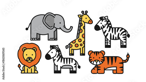 Playful group of cartoon animals featuring elephant, giraffe, and friends in bright scene.