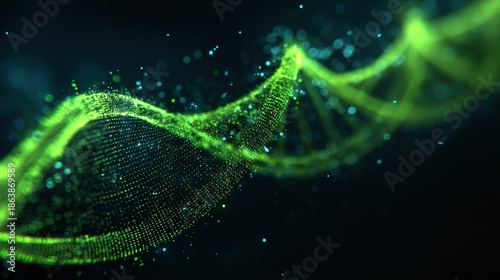 DNA molecules. Genetic biotechnology. Abstract background with green glowing particle swirl lines. Flow wave dot.