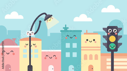 Whimsical colorful cartoon city street with cheerful buildings and traffic lights.