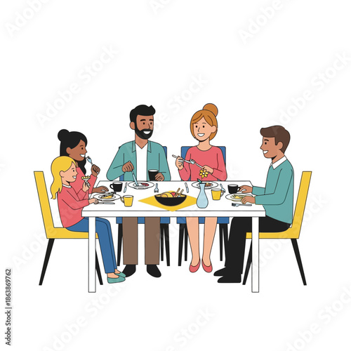Diverse family enjoying a meal together at a dining table | illustration
