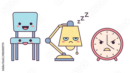 Playful Cartoon Chair, Lamp, and Alarm Clock In Cheerful Scene.