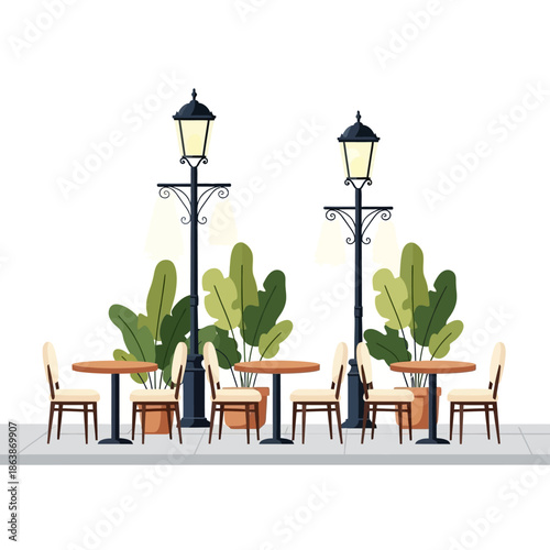 Charming outdoor cafe seating with street lamps and lush plants, vector illustration.