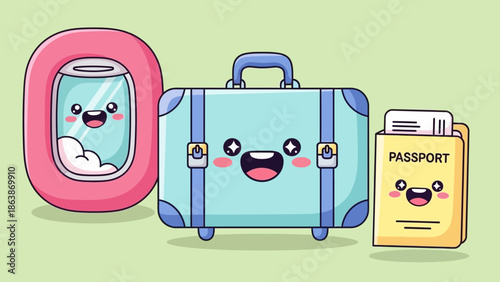 Playful Cartoon Travel Set of Backpack, Suitcase, and Passport Characters Ready for Adventure.