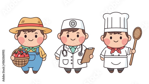Three Friendly Cartoon People: a farmer, a doctor, and a chef in colorful outfits.
