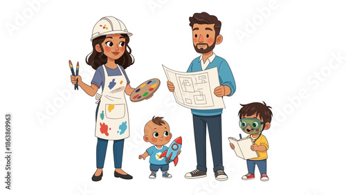 Cheerful family painting a colorful mural together at home.