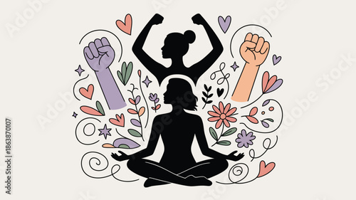 Two female silhouettes show meditation and strength surrounded by colorful hands hearts and flowers