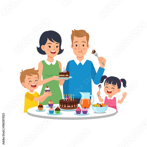 Happy Family Celebrating Birthday with Cake and Cupcakes, Joyful Mealtime