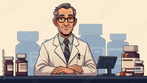 Cartoon Doctor in a Pharmacy Laboratory Setting with Medicines and Equipment.