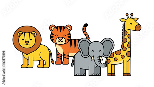 Colorful cartoon of a lion, tiger, elephant, and giraffe together as friendly wildlife friends.