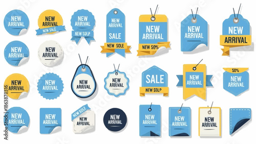 A large collection of "New Arrival" marketing badges, labels, and stickers in shades of blue and yellow.