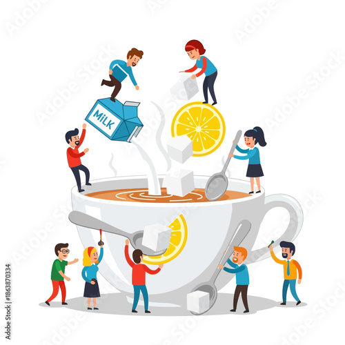 Tiny People Making Tea: Adding Milk, Sugar Cubes, and Lemon Slices to a Large Mug