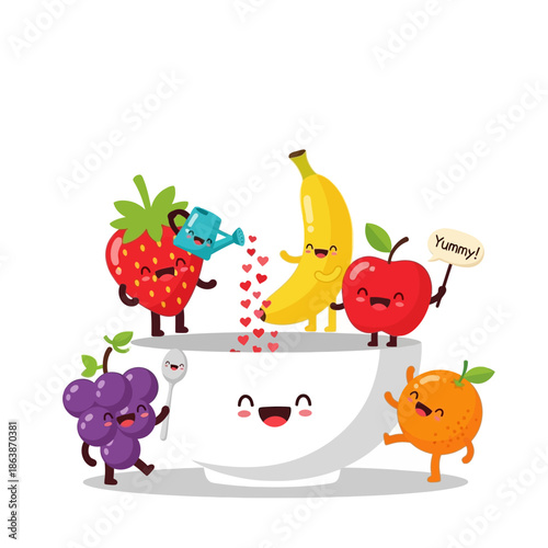 Funny cartoon fruits having fun around a bowl, healthy food concept