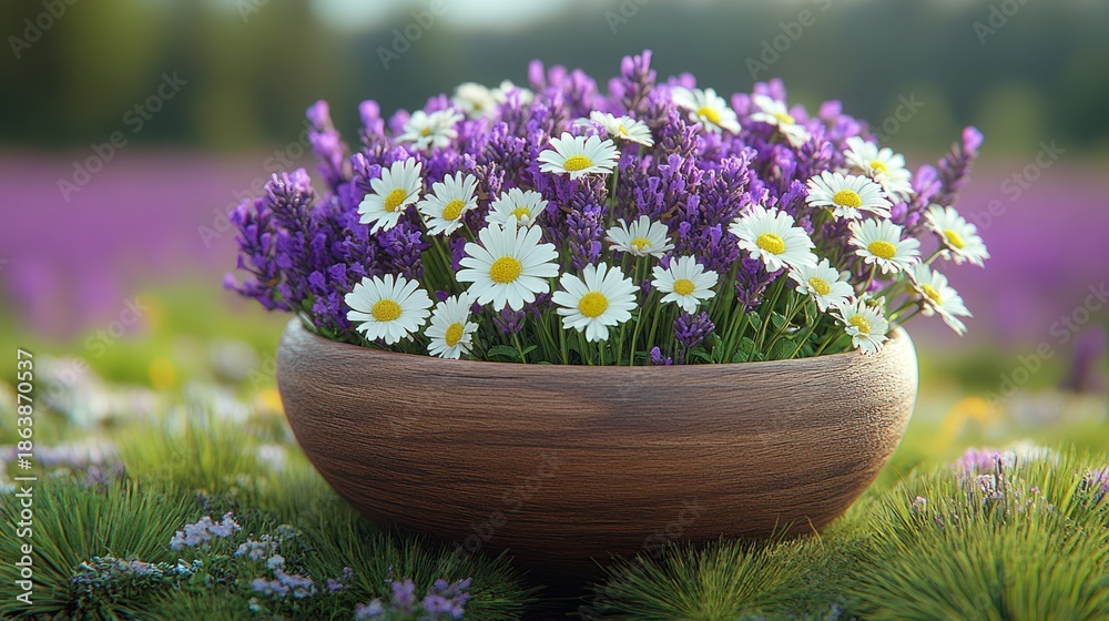 Fototapeta premium Purple lavender and white daisies in a wooden bowl, blurred meadow in background