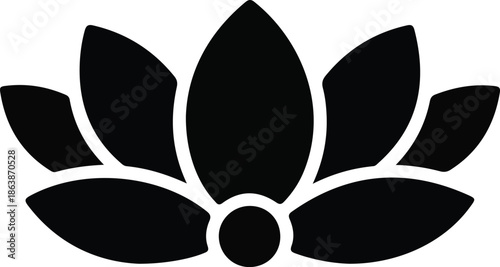 Lotus Flower Silhouette Meditation Icon, Black lotus flower silhouette symbolizing meditation, spirituality, balance, and inner peace, isolated on white background for wellness and yoga design.

