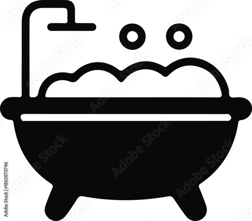 Bathtub with Bubbles Silhouette Icon, Black bathtub silhouette with foam and shower head, symbolizing bathing, hygiene, relaxation, and bathroom routine, isolated on white background.

