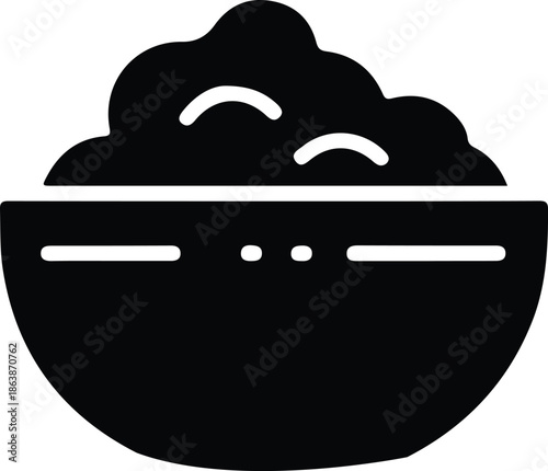 Hot Soup Bowl Silhouette Icon, Black silhouette icon of a bowl with hot soup or food and steam, representing meal time, comfort food, cooking, and dining concepts on white background.

