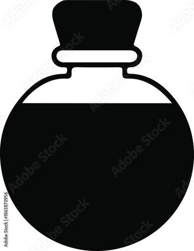 Potion bottle flask silhouette icon, Black silhouette icon of a round potion bottle or flask, symbolizing alchemy, magic, chemistry, medicine, and fantasy design concepts.

