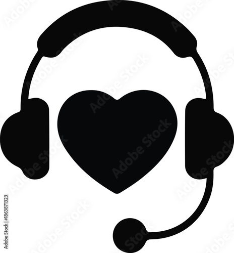 Heart Headset Icon for Caring Customer Support, Minimal heart headset icon symbolizing caring customer support, healthcare hotline, compassion, and communication services for help and assistance.

