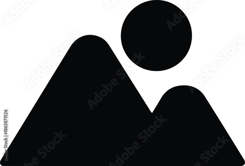 Image placeholder landscape mountains icon, ,Minimal black image placeholder icon with mountains and sun, commonly used to represent photos, galleries, media loading, or missing images.

