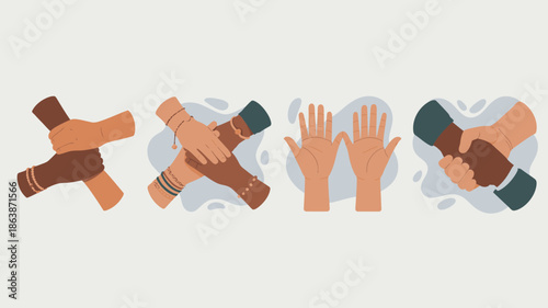 Various hands showing unity support and connection through different gestures and interactions