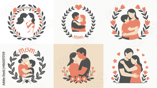 Various illustrations celebrating maternal love and family bonds within decorative floral frames