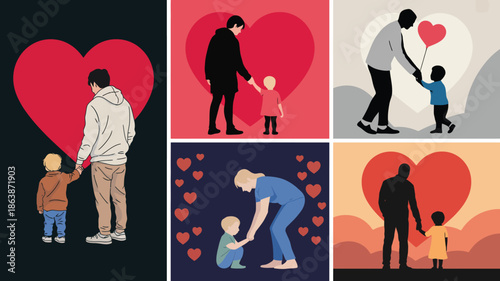 Various illustrations portraying parents and their children holding hands, embracing, and sharing moments of love