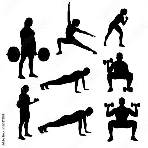 Black silhouette workout figures showing multiple exercises, including weightlifting, stretching, and bodyweight movements, simple vector art on white.