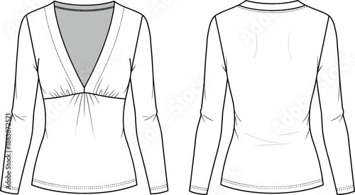 Tableau sur toile Female Long Sleeve V-Neck Top Technical Sketch with Empire Waist Gathering and Double Needle Stitching Detail for Fashion Design Template