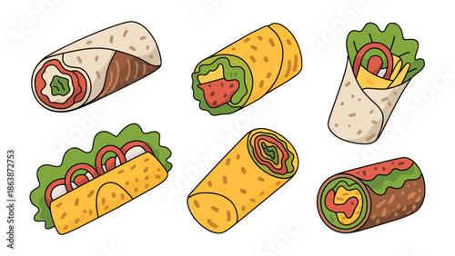 Savory Wraps: A mouthwatering array of various wraps, each bursting with vibrant fillings and appealing textures, perfectly displayed, promising a delightful culinary experience.