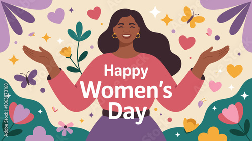 Vibrant illustration of a smiling woman celebrating Womens Day with cheerful spring decorations