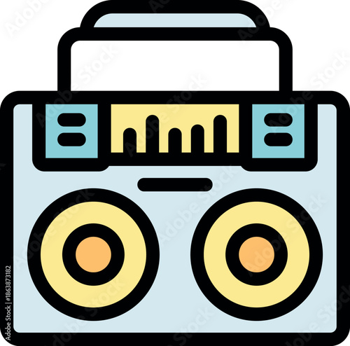 Vintage boombox playing music through speakers with graphic equalizer display and radio tuner