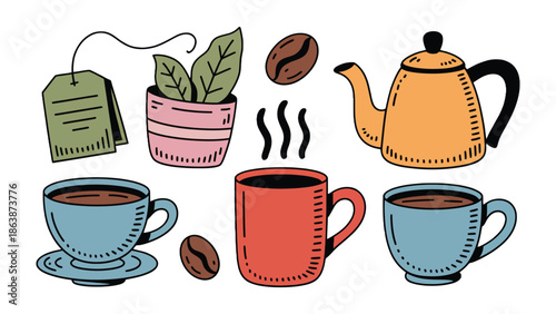 Coffee and Tea Collection: A delightful collection of hand-drawn coffee and tea elements, showcasing a cozy assortment of cups, tea leaves, teapots, and coffee beans.