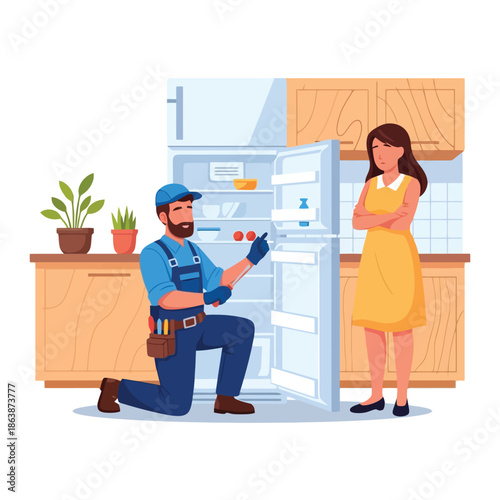 Reliable repairman fixing refrigerator for worried woman in modern kitchen