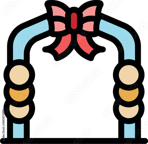 Vibrant archway adorned with a red ribbon and circular ornaments