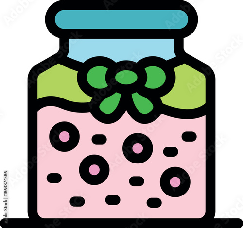 Glass jar containing pink jam decorated with a green bow, suggesting homemade or artisanal product