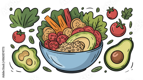 Vibrant Vegetarian Feast: A captivating illustration showcases a delightful array of fresh vegetables and grains artfully arranged in a bowl, promoting healthy eating and a balanced lifestyle.