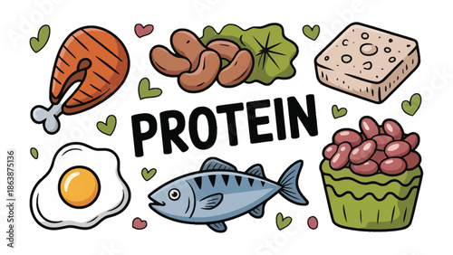 Protein Power: An appetizing illustration showcasing a variety of high-protein foods, a culinary journey to a nutritional lifestyle. 