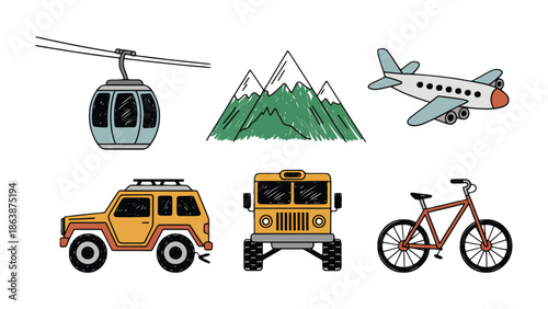 Journey's Palette: A colorful composition of transportation icons – from aerial tramway to bike, inviting exploration and travel. 