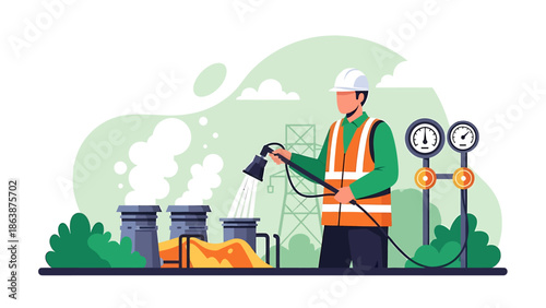 Industrial worker in safety vest and hard hat operating equipment.