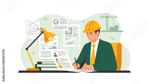 Engineer working on blueprints at desk with lamp and construction site.