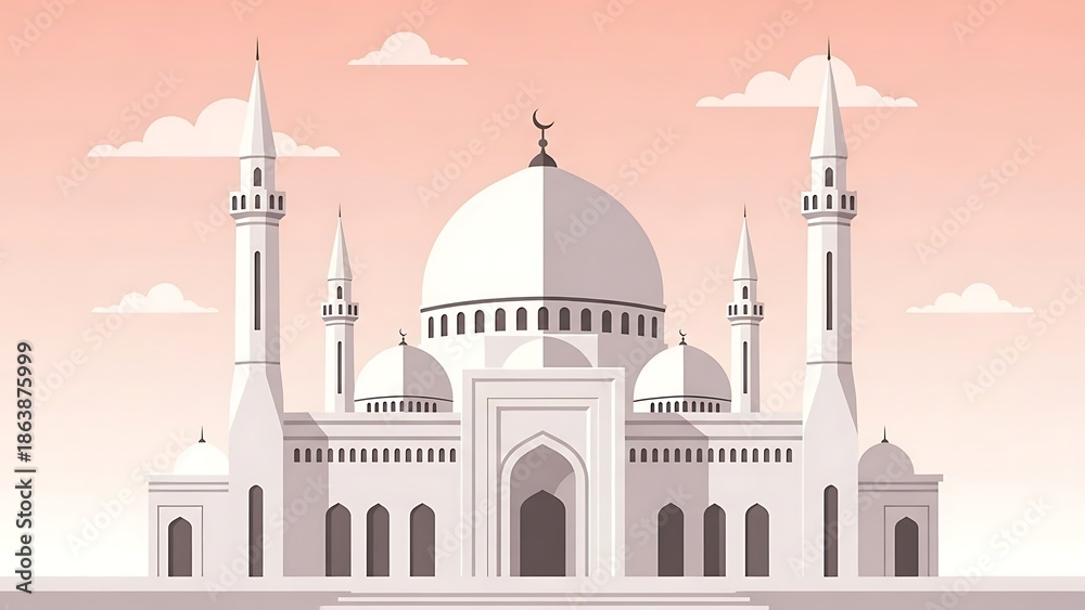 Fototapeta premium Symmetrical Flat Mosque Facade Vector Illustration Pastel Sky