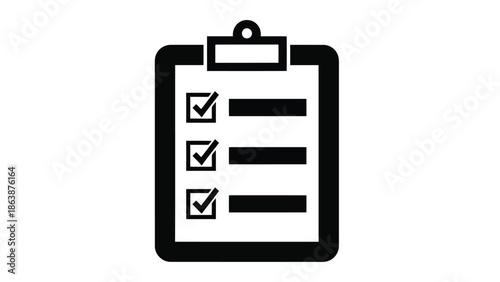Simple black icon of a clipboard with a checklist.