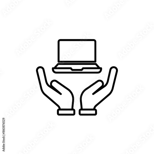 Simple line icon of hands holding a laptop computer.