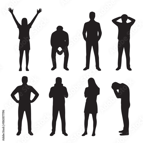 Vector silhouettes of people expressing different emotions and body language, including joy, sadness, frustration, and confidence.