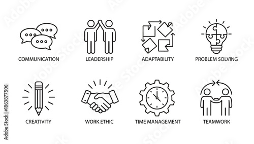 soft skills vector icons set with editable outlines, showing interpersonal and workplace success attributes such as communication, teamwork, problem solving, creativity, time management, leadership.