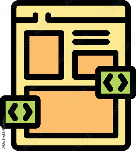 Frontend web development process is visualized with a web template and code brackets, symbolizing coding and design