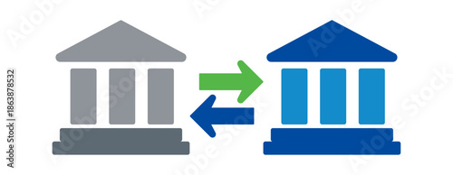 Stylized illustration of two bank buildings exchanging arrows, symbolizing financial transfer or collaboration.
